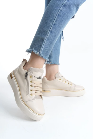 JET-DINA Bağcıklı Fermuarlı Ortopedik Taban Kadın Sneaker Spor Ayakkabı  CKT - Krem/Altın ürün görseli
