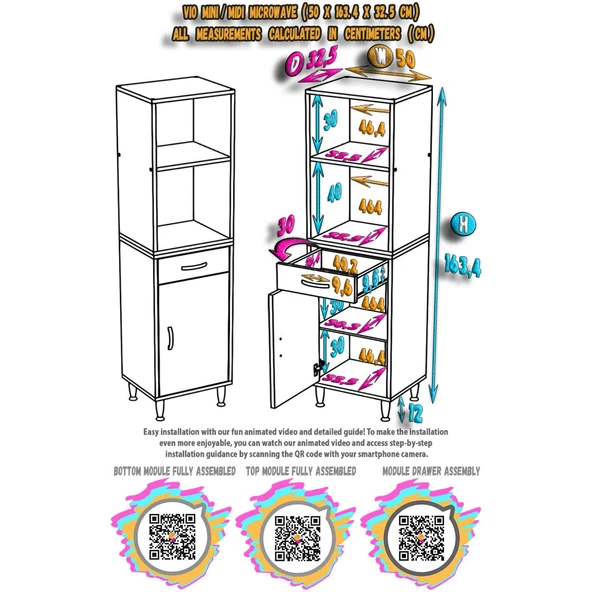 Modilayn VİO Fırın Dolabı (50x163,4x32.5 cm) Çekmeceli Kapaklı Mini/Midi Mikrodalga Mutfak Dolabı - Resim 5