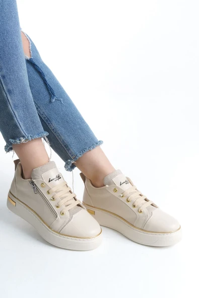 JET-DINA Bağcıklı Fermuarlı Ortopedik Taban Kadın Sneaker Spor Ayakkabı  CKT - Krem/Altın - Resim 2