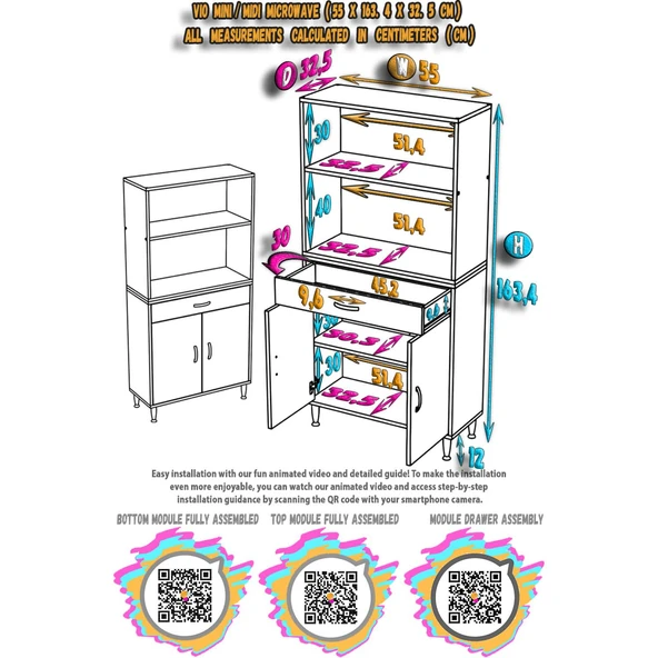 Modilayn VİO Fırın Dolabı (55x163,4x32.5 cm) Çekmeceli Kapaklı Mini/Midi Mikrodalga Mutfak Dolabı - Resim 5
