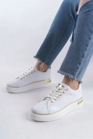JET-MINA Bağcıklı Ortopedik Taban Kadın Sneaker Spor Ayakkabı  CBT - Beyaz/Altın - Resim 3