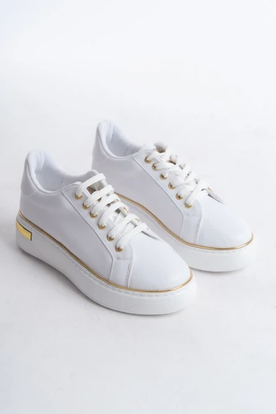 JET-MINA Bağcıklı Ortopedik Taban Kadın Sneaker Spor Ayakkabı  CBT - Beyaz/Altın - Resim 4