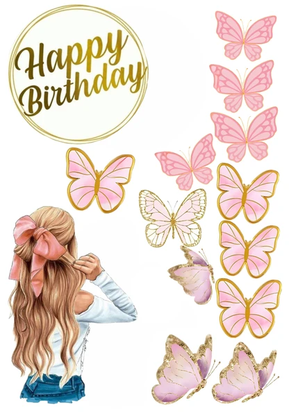 Kelebek ve Kız Yenilebilir Cupcake ve Pasta Resim Baskı - 1
