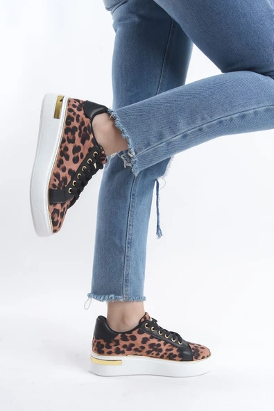 JET-MINA Bağcıklı Ortopedik Taban Leopar Desenli Kadın Sneaker Spor Ayakkabı  TBT - Kahverengi - Resim 3