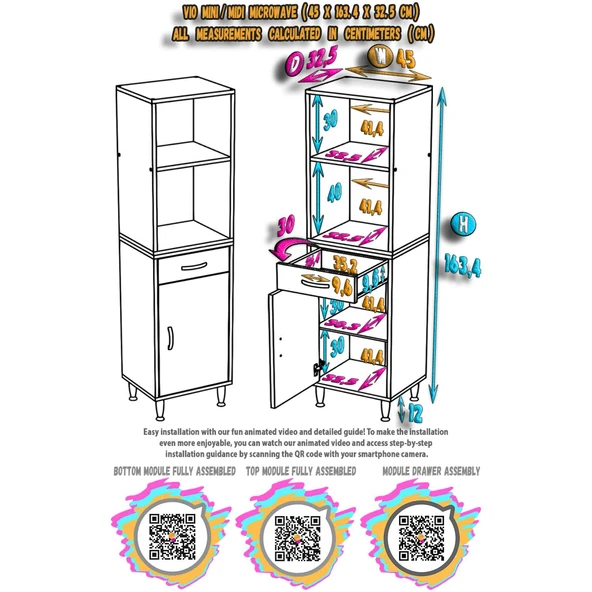 Modilayn VİO Fırın Dolabı (45x163,4x32.5 cm) Çekmeceli Kapaklı Mini/Midi Mikrodalga Mutfak Dolabı - 5