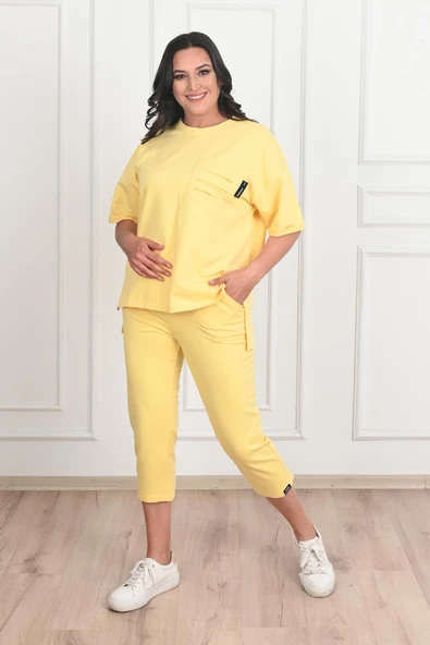 Kadın Yırtık Cep Detaylı Kısa Kollu Büyük Beden Kapri Eşofman Takım 8010-23 - 10