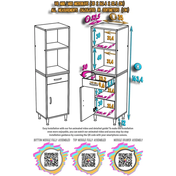 Modilayn VİO Fırın Dolabı (35x163,4x32.5 cm) Çekmeceli Kapaklı Mini/Midi Mikrodalga Mutfak Dolabı - 5