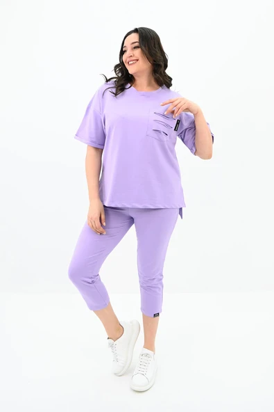 Kadın Yırtık Cep Detaylı Kısa Kollu Büyük Beden Kapri Eşofman Takım 8010-23