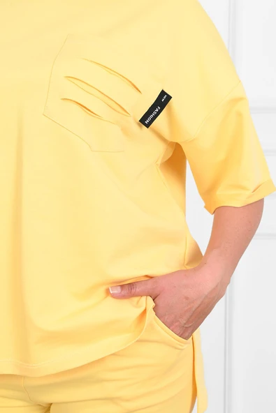 Kadın Yırtık Cep Detaylı Kısa Kollu Büyük Beden Kapri Eşofman Takım 8010-23 - 8