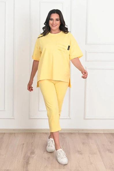 Kadın Yırtık Cep Detaylı Kısa Kollu Büyük Beden Kapri Eşofman Takım 8010-23 - 9