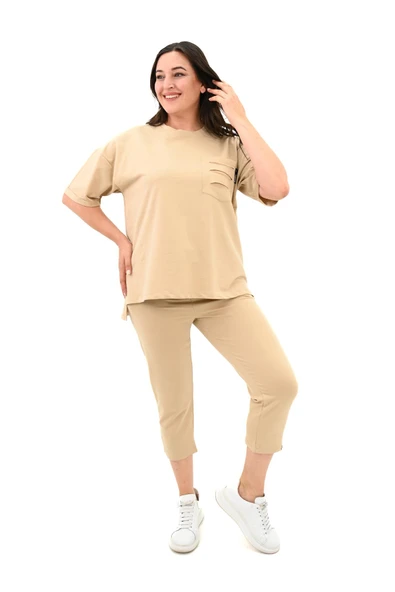 Kadın Yırtık Cep Detaylı Kısa Kollu Büyük Beden Kapri Eşofman Takım 8010-23 - 4