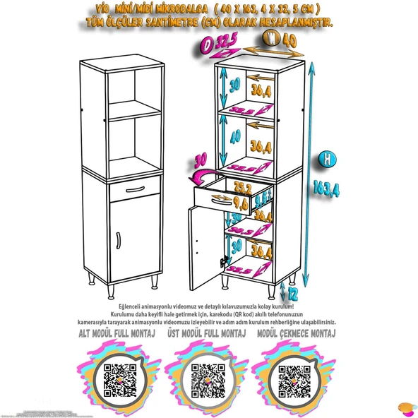 Modilayn VİO Fırın Dolabı (40x163,4x32.5 cm) Çekmeceli Kapaklı Mini/Midi Mikrodalga Mutfak Dolabı - 4