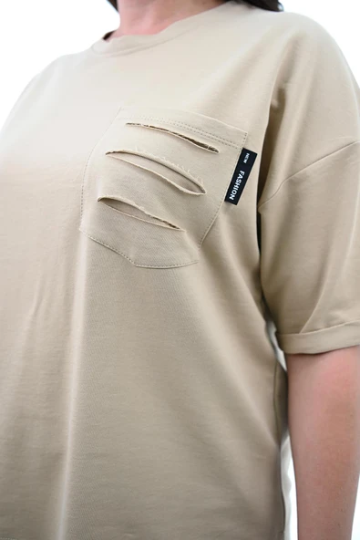 Kadın Yırtık Cep Detaylı Kısa Kollu Büyük Beden Kapri Eşofman Takım 8010-23 - 6