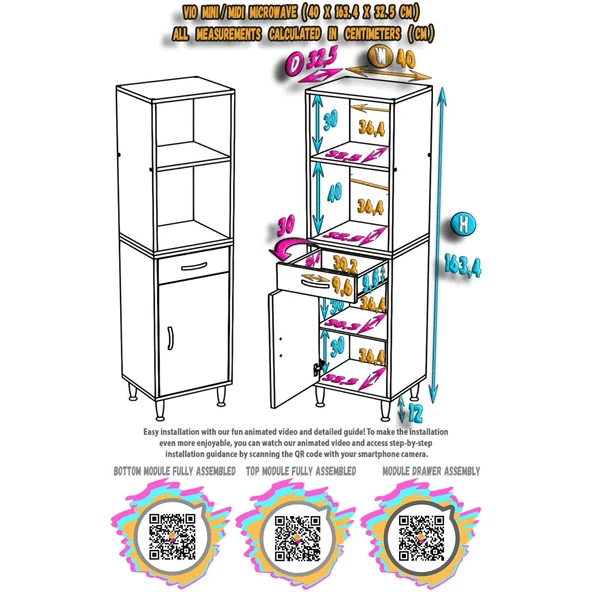 Modilayn VİO Fırın Dolabı (40x163,4x32.5 cm) Çekmeceli Kapaklı Mini/Midi Mikrodalga Mutfak Dolabı - Resim 5