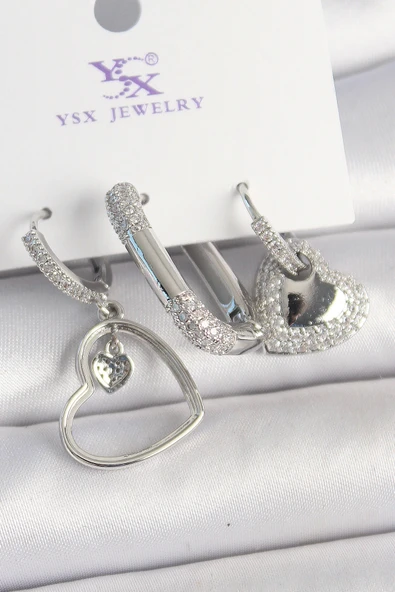 Pirinç Gümüş Renk Sallantı Zirkon Taşlı Kalp Model 3'Lü Kadın Kombin Küpe ürün görseli