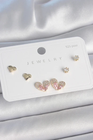 Pirinç Gold Renk Pembe Zirkon Taşlı Kalp Model 925 Ayar Gümüş Çivi Kadın Küpe Seti ürün görseli