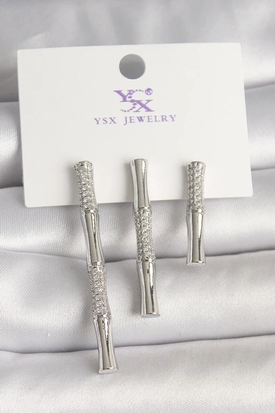 Pirinç Gümüş Renk Zirkon Taşlı Bambu Model 3'Lü Kadın Kombin Küpe ürün görseli