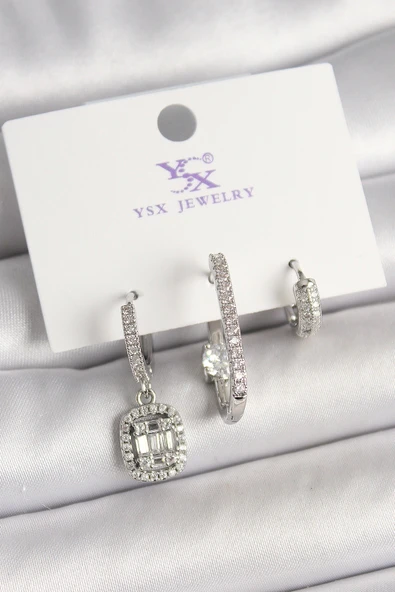 Pirinç Gümüş Renk Zirkon Taşlı Baget Halka Model 3'Lü Kadın Kombin Küpe ürün görseli