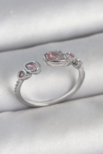 Pirinç Gümüş Renk Pembe Damla Zirkon Taşlı Ayarlanabilir Model Kadın Yüzük ürün görseli