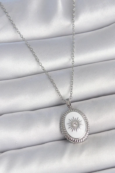 316L Çelik Gümüş Renk Beyaz Mineli Güneş İşlemeli Nazar Boncuk Detay Madalyon Model Kadın Kolye ürün görseli