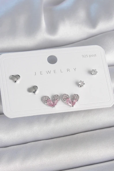 Pirinç Gümüş Renk Pembe Zirkon Taşlı Kalp Model 925 Ayar Gümüş Çivi Kadın Küpe Seti ürün görseli