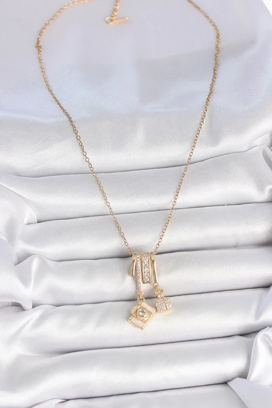 316L Çelik Gold Renk Zirkon Taşlı Sallantı Fotoğraf Makinası Figür Charm Kadın Kolye - 2