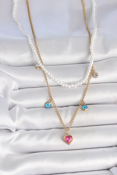 316L Çelik Gold Renk 2'Li İnci Zincir Model Pembe Taşlı Kalp Figür Nazar Boncuk Detay Kadın Kolye - Resim 2