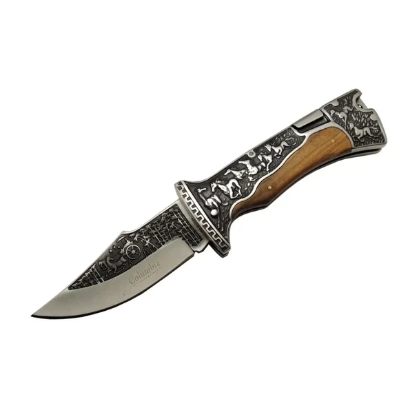 Columbia A3189C Kahve Kamp Çakısı 23cm- Manuel, At İşlemeli Ahşap Sap, Özel Kutulu, Kılıflı