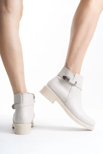 JET-ALMILA Fermuarlı Lastikli Ortopedik Taban TopukluKadın Bot  CKT - Krem - Resim 3