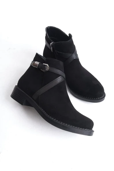 JET-ALMILA Fermuarlı Lastikli Ortopedik Taban Topuklu Süet Kadın Bot SST - Siyah - Resim 5