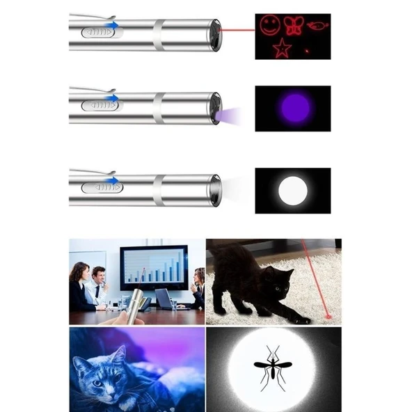 BUFFER® Usb İle Şarj Edilebilen 3In 1 Kırmızı Işık +Beyaz Led Meşale Işık + Uv El Feneri Kedi Lazeri - 8