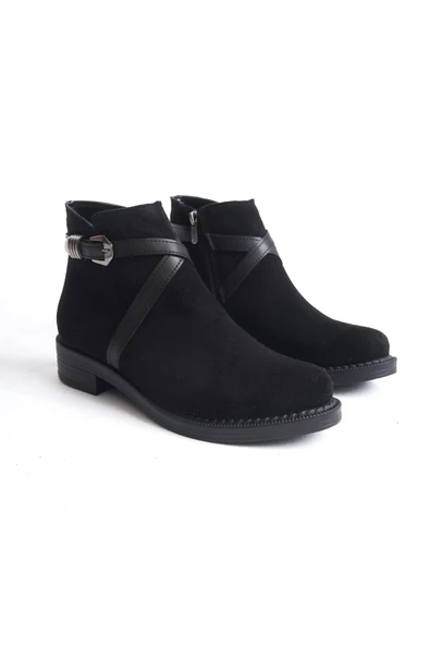 JET-ALMILA Fermuarlı Lastikli Ortopedik Taban Topuklu Süet Kadın Bot SST - Siyah - Resim 4