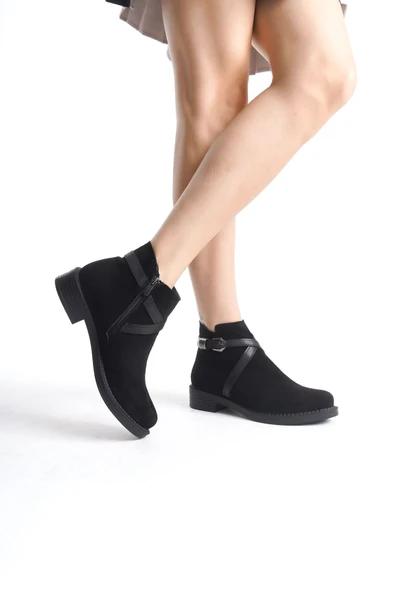 JET-ALMILA Fermuarlı Lastikli Ortopedik Taban Topuklu Süet Kadın Bot SST - Siyah - Resim 3