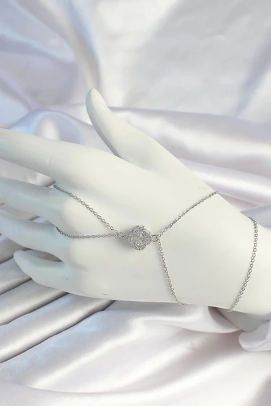 316L Çelik Zincirli Gümüş Renk Zirkon Taşlı Yonca Şahmeran