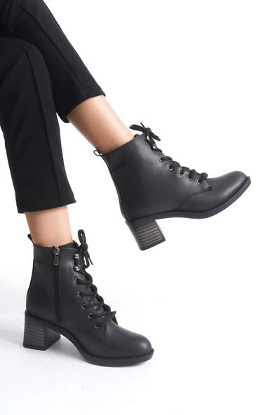 JET-LENA Bağcıklı Fermuarlı Ortopedik Taban TopukluKadın Bot  CST - Siyah - Resim 3