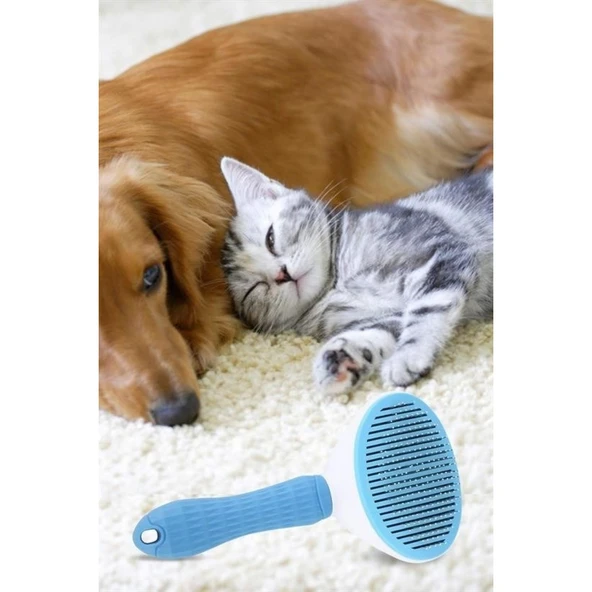 BUFFER® Kedi Köpek Tüy Toplayıcı Kendini Temizleyebilen Ergonomik Saplı Evcil Hayvan Tarağı Mavi - 8