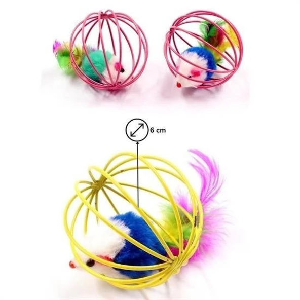 BUFFER® Renkli Metal Kafesli Peluş Fareli Kedi Köpek Oyuncağı Oyun Topu 6 cm - 7