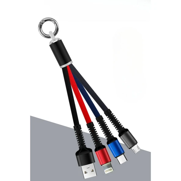 BUFFER® Işıklı Anahtarlık Model 3 in 1 USB Çıkışlı MİKRO,TYPE-C ve İphone Uyumlu Şarj Kablosu - 7