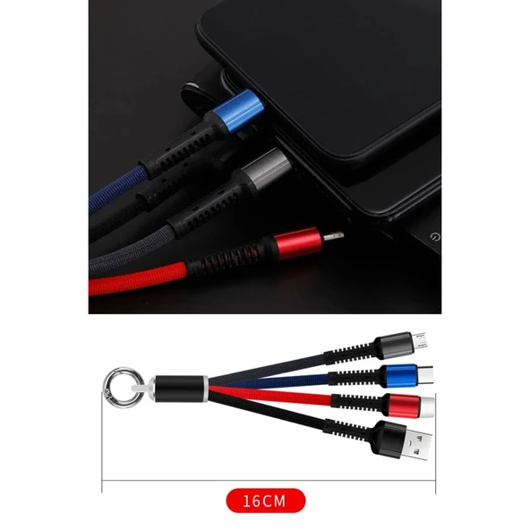 BUFFER® Işıklı Anahtarlık Model 3 in 1 USB Çıkışlı MİKRO,TYPE-C ve İphone Uyumlu Şarj Kablosu - 8