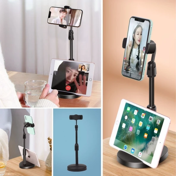 BUFFER® Masa Üstü Tablet ve Telefon Tutucu Plastik Aparat Siyah Telefon Standı - 4