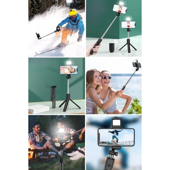 BUFFER® Kendiliğinden Işıklı Masaüstü Tripod Olabilen Telefon Tutuculu Kablosuz Kumandalı Selfie Çubuğu - 8