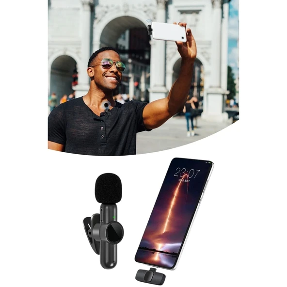 BUFFER® Type C Uyumlu İphone Dönüştürücülü Kablosuz Yaka Mikrofonu Android ve İphone Uyumlu Mini Mikrofon - 6