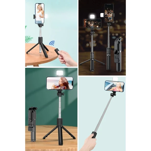 BUFFER® Kendiliğinden Işıklı Masaüstü Tripod Olabilen Telefon Tutuculu Kablosuz Kumandalı Selfie Çubuğu - 6