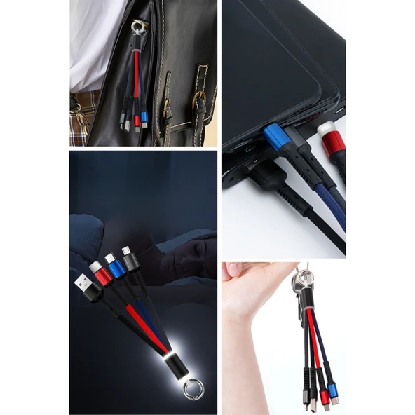 BUFFER® Işıklı Anahtarlık Model 3 in 1 USB Çıkışlı MİKRO,TYPE-C ve İphone Uyumlu Şarj Kablosu - 6
