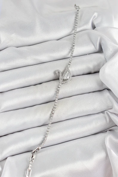 Pirinç Gümüş Renk Zirkon Taşlı Kuğu Model Kadın Bileklik - Resim 2