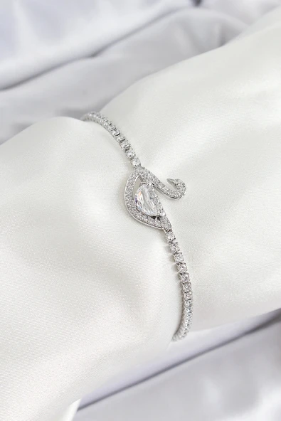 Pirinç Gümüş Renk Zirkon Taşlı Kuğu Model Kadın Bileklik ürün görseli