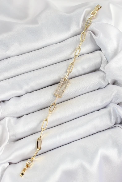 Pirinç Dikdörtgen Model Zirkon Taşlı Gold Renk VİP Seri Kadın Bileklik - 2