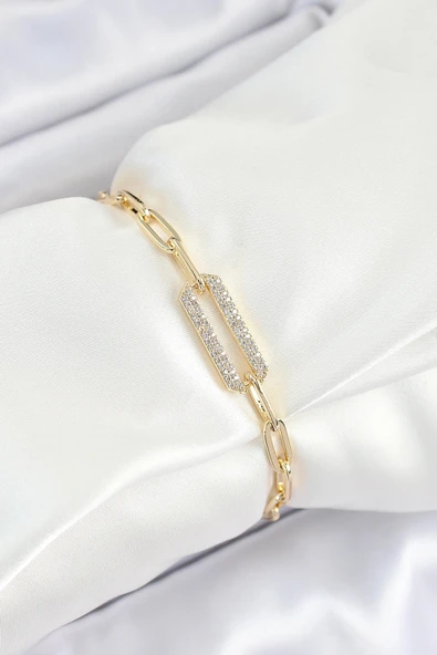 Pirinç Dikdörtgen Model Zirkon Taşlı Gold Renk VİP Seri Kadın Bileklik
