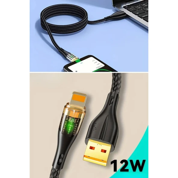 BUFFER® Led Işık Uçlu Sağlam İp Kablolu USB to Lightning Hızlı Şarj Kablosu - 6