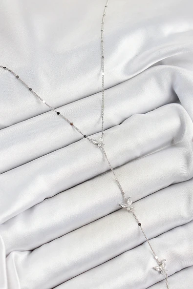 Pirinç Zirkon Taşlı Sıralı Kelebek Figürlü Y Model Gümüş Renk Kadın Kolye ürün görseli